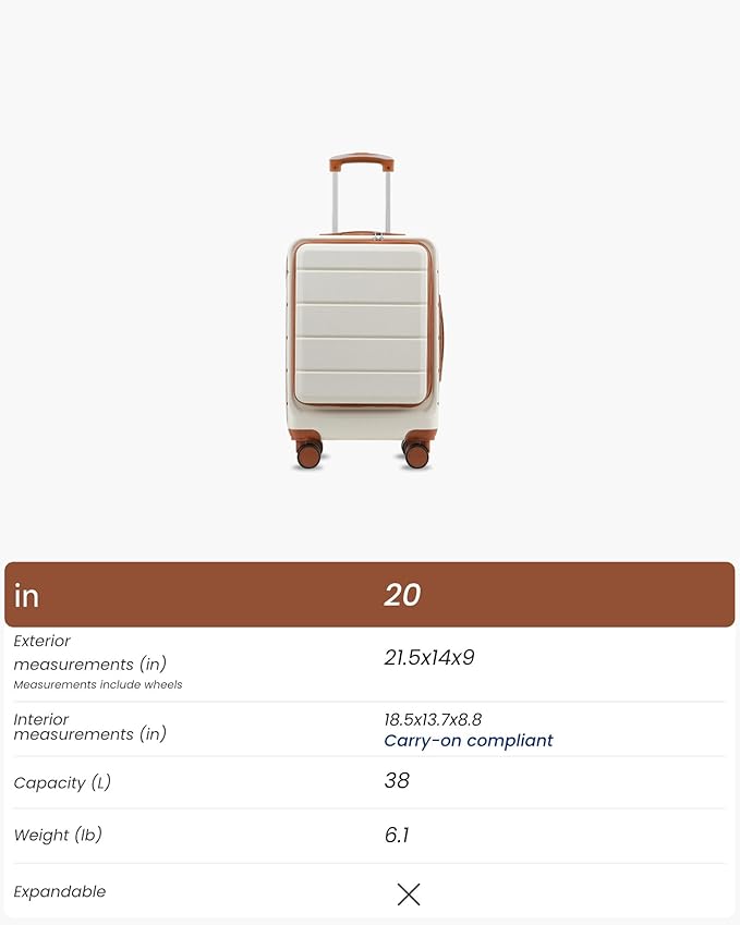 Carry On Luggage 22x14x9 Airline Approved, Hardside Spinner Suitcase with Front Pocket for Laptop, TSA Lock & Silent Wheels (20 in, White)