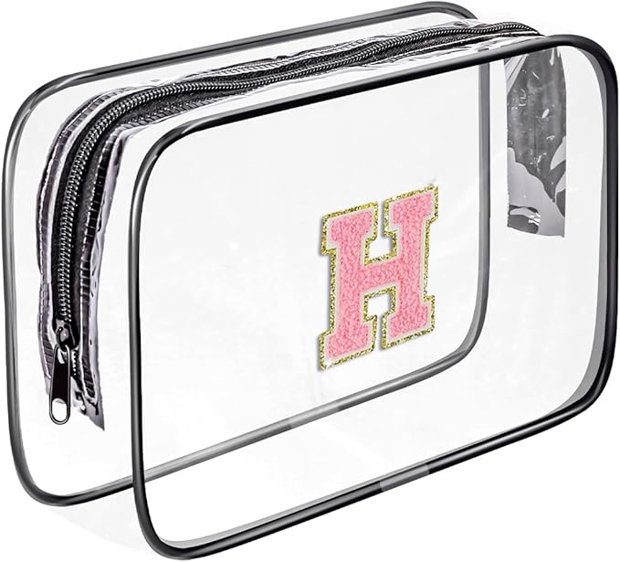 Clear Toiletry Bag,Portable Travel Toiletry Bag,Chenille Letter Cosmetic Bag with Zipper,Waterproof Makeup Bag,Cosmetic Storage Organizer for Women Men,Travel Essentials (Black,H)
