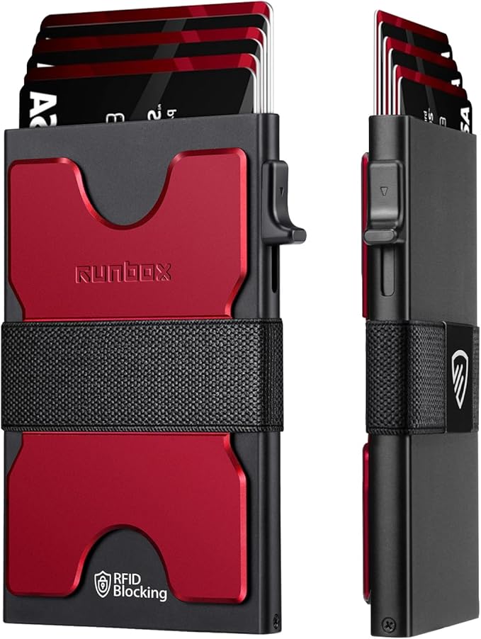 RUNBOX Slim Card Holder Wallet for Men, Minimalist RFID Blocking Wallet with Pop-Up Function, Ultra-Thin Design, Metal Business Card Cases holds 6+6 Cards, Gifts for Men, Men's Accessories