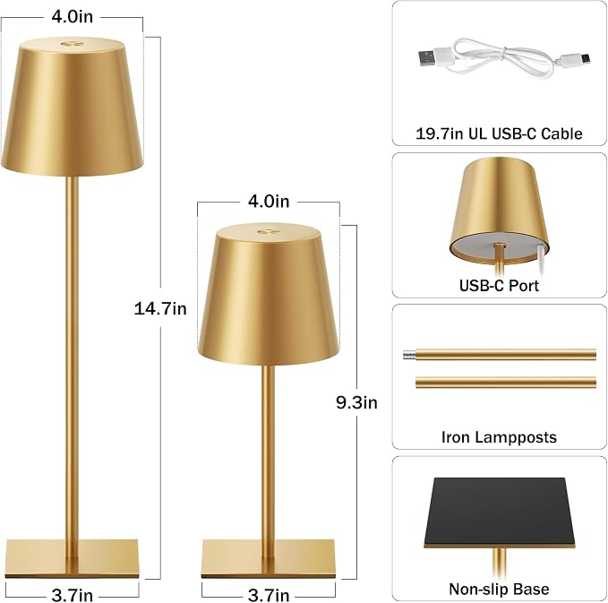 Gold Cordless Rechargeable Table Lamp, 2 Pack Portable Desk Lamp with 5000mAh Battery, Touch Control Stepless Dimming, Wireless Night Light for Dining, Outdoor Camping, Coffee Shop, Water Repellent | 5000mAh, Touch Control, 3 Color Modes Stepless Dimmi...