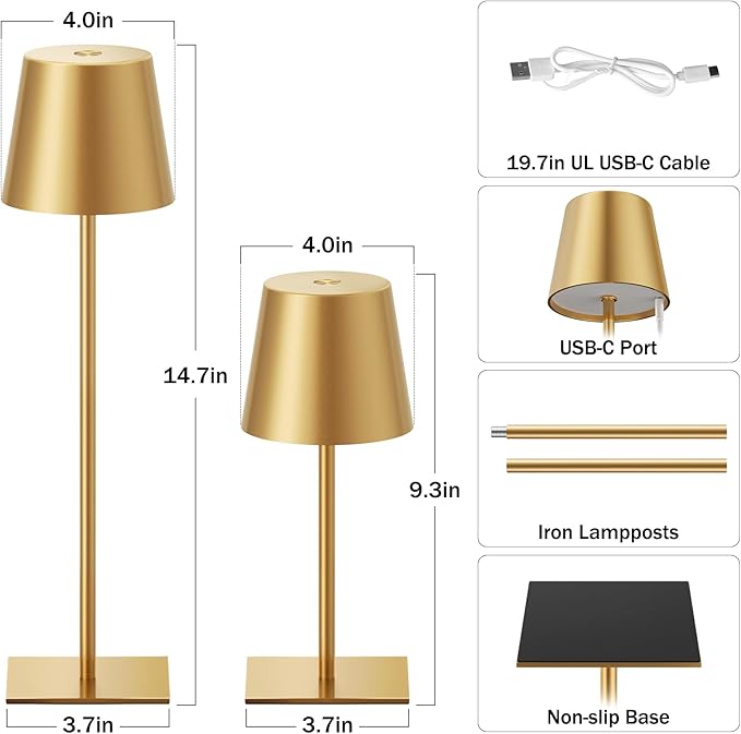 Kakanuo Gold Cordless Rechargeable Table Lamp, 4 Pack Portable Desk Lamp with 5000mAh Battery, Touch Control Stepless Dimming, Wireless Night Light for Dining, Outdoor Camping, Coffee Shop