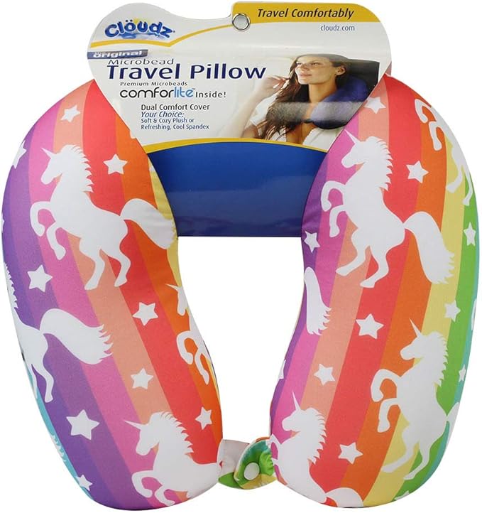 Cloudz Patterned Microbead Airplane Travel Neck Pillow. Customize Your Comfort and Support While Traveling on a Plane, Car, Bus or Train! - Unicorn