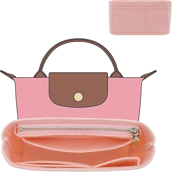 Doxo Felt Purse Organizer Insert Compatible with Longchamp Le Pliage XS Original/Green Pouch and More, Extra Small Bag Insert with Zipper for Women Handbag(XS, Pink)