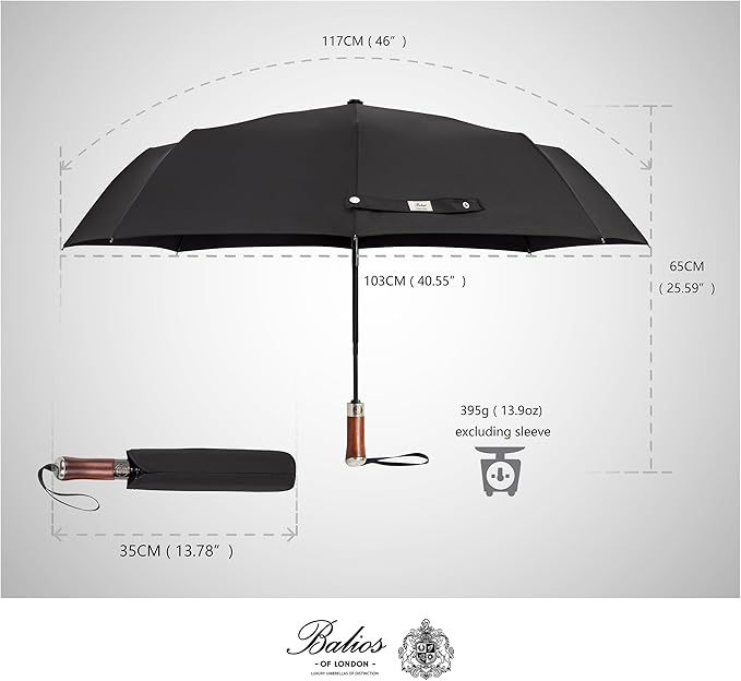Balios (Designed in UK) Travel Umbrella Luxurious Golden Hardwood Handle Auto Open & Close Windproof Frame Single Canopy Automatic Folding Umbrella Men's & Ladies
