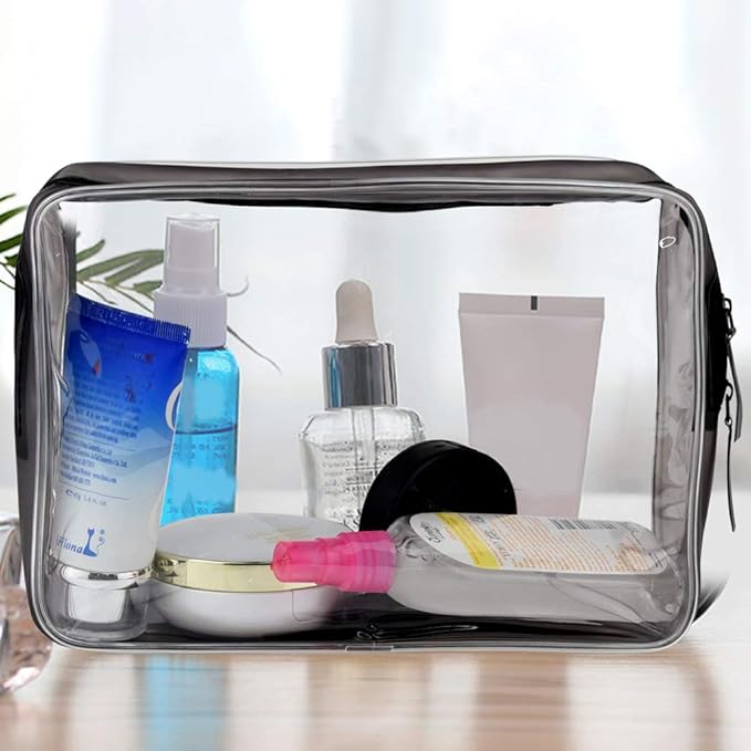 Wobe 5 Packs Clear Cosmetics Bag TSA Approved, PVC Zippered Toiletry Carry Pouch Portable Makeup Bag for Vacation Travel, Bathroom and Organizing Waterproof Makeup Vinyl Case (Large, Transparent)