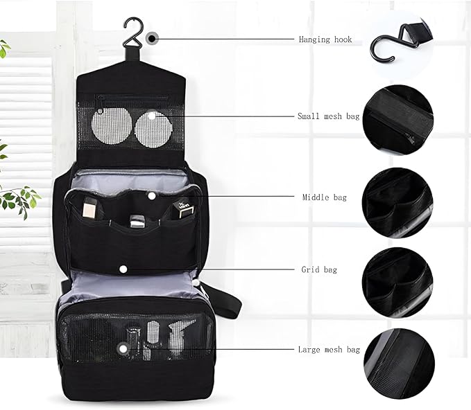 Travel toilet bag is used to store toiletries, Suitable for short-term travel use hanging toilet bag (Black)