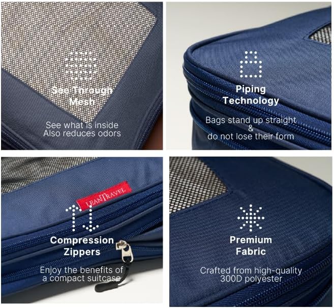 LeanTravel Premium Compression Packing Cubes for Travel - Suitcase Organizer Bags with Double Zipper & Breathable Mesh Panel - Space Saving Carry On Luggage Essentials (6-Pack, Navy Blue)