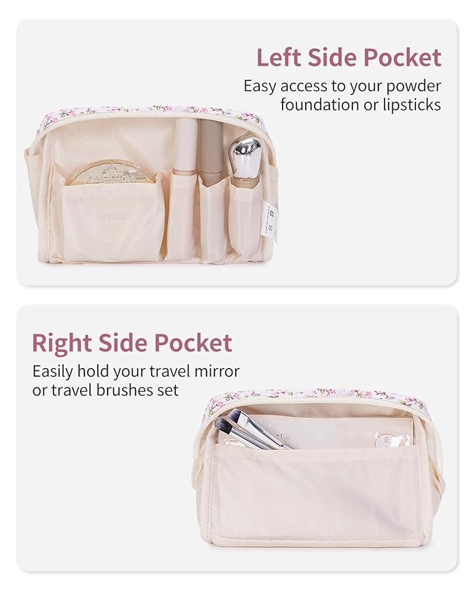 Narwey Small Cute Floral Makeup Bag for Purse Mini Cosmetic Bag Travel Makeup Pouch Zipper Pouch Cute Make up Bags with Compartments for Women Girls (Pink Flower, Small)
