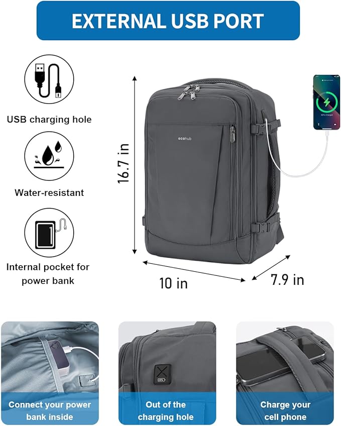ECOHUB 17'' Travel Backpack, Personal Item Backpack with 13 Pockets, Flight Approved Carry on Backpack with USB Port & Luggage Sleeve, Travel bag for Men & Women, Water Resistant Backpack, Grey