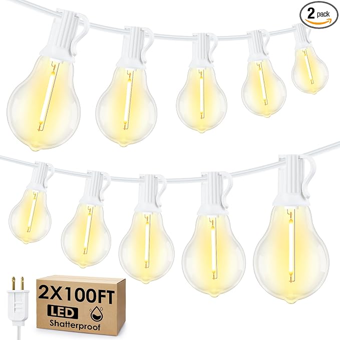200FT(2x100FT) Outdoor String Lights, 63 A39 Edison Bulbs, White | Plug in, Dimmer not included, Waterproof, Shatterproof, Extendable, LED Hanging Lamp for Christmas Party Tree Decor