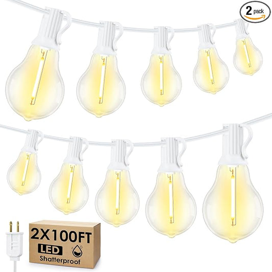 200FT(2x100FT) Outdoor String Lights, 63 A39 Edison Bulbs, White | Plug in, Dimmer not included, Waterproof, Shatterproof, Extendable, LED Hanging Lamp for Christmas Party Tree Decor
