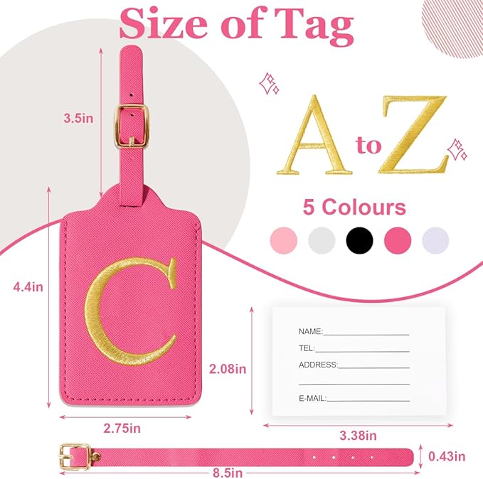 Personalized Initial Luggage Tags for Suitcases,Leather Letter Cute Luggage Tags with Privacy Name Card,Embroidered Monogrammed Travel Bag Backpack Tag Gifts for Women Kids Girls Teens(Rosered-C)