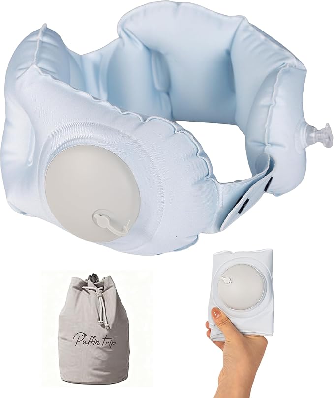Ultralight Inflatable Travel Neck Pillow Press to Inflate Leak-Proof Design Compressible Adjustable Neck Support for Airplane Camping Driving Sleeping Business Trip Long Flights (Blue, Large)