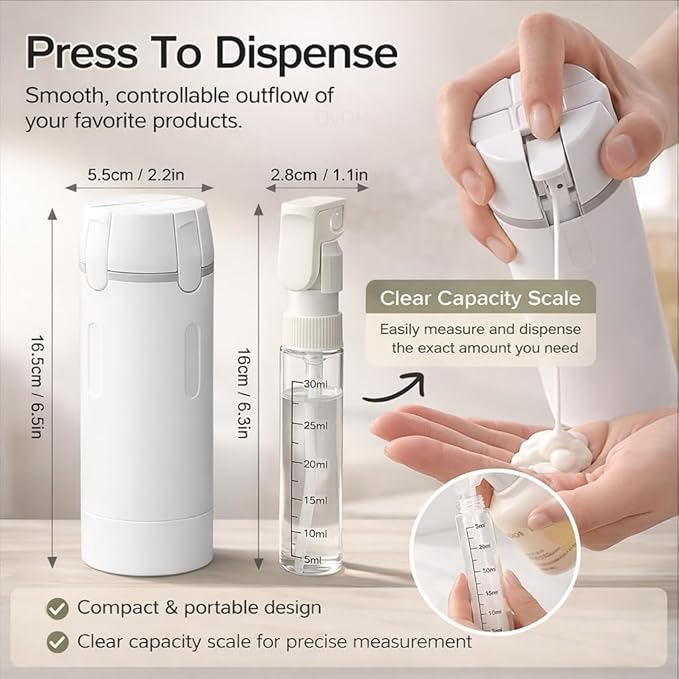 4-in-1 Travel Bottles for Toiletries, Travel Pump Bottle，Leak-Proof Shampoo Conditioner Lotion Dispenser with Pump, Compact No-Spill Toiletry Containers for Travel & Business Trips (White)