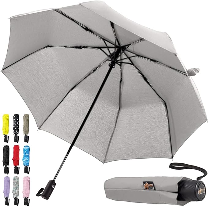 GORILLA GRIP Strong Windproof Stick Compact Umbrella for Rain, One-Click Automatic Open and Close, Durable Quick Dry Waterproof Material, Lightweight and Portable, Travel Size Fits Backpack, Gray