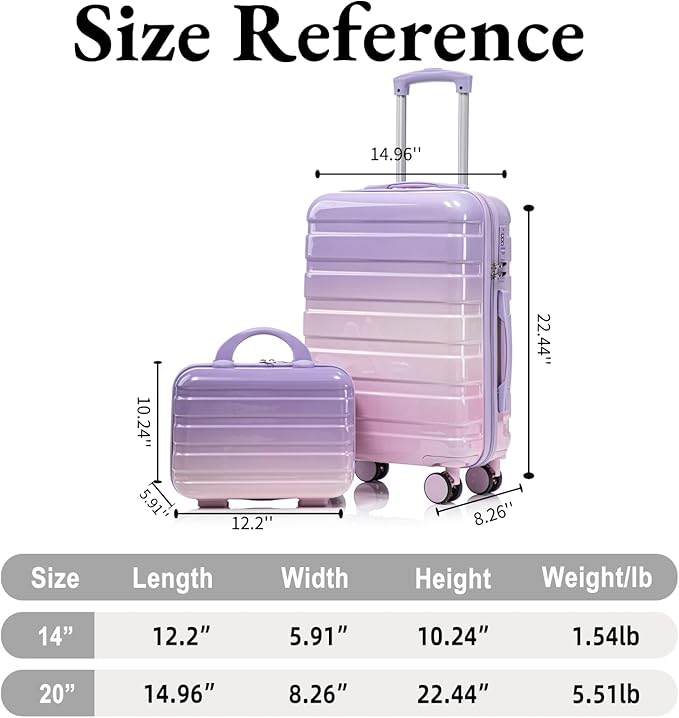 Gradient Purple-Pink Luggage Set 14" & 20" - 2 Piece PC Spinner Wheel Suitcases with Combination Lock, Lightweight Carry On for Business & Vacation