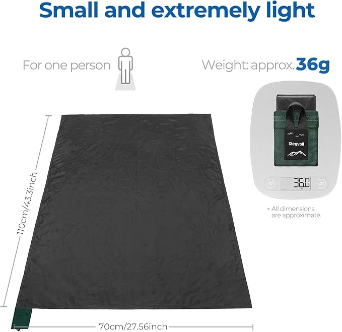 Pocket Picnic Blanket for 1 Person, 43.3x27.56″ (1.27oz) Super Light Compact Beach Blanket, SandProof Waterproof Portable Beach Picnic Mat for Outdoor Hiking Camping Travel Festival(Black)