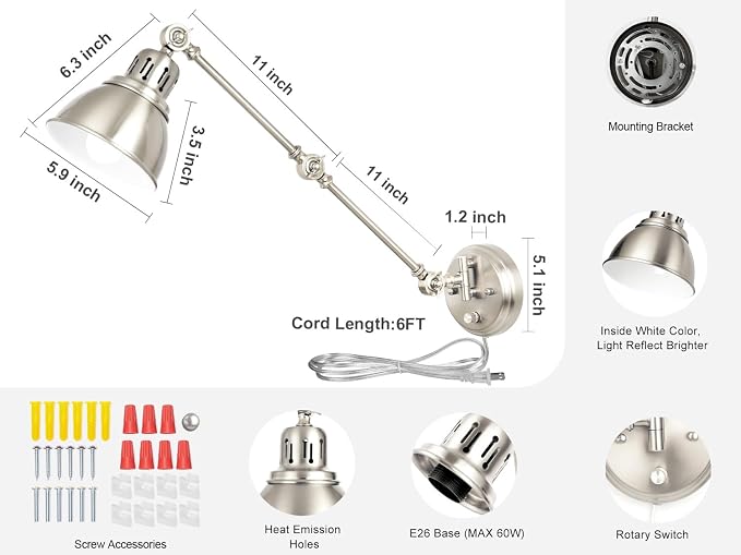 1 Pack Plug in Wall Sconce, Dimmable On Off Switch, Swing Arm Wall Lamp, Brushed Nickel Metal Industrial, Plug in Wall Light (Brushed Nickel, Without Bulb+Remote)