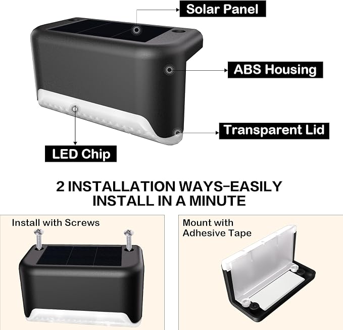 BKBB PPBB Solar Deck Lights Outdoor, 4Pcs Solar Step Lights, Waterproof LED Solar Lights for Outdoor Stairs, Step, Fence, Yard, Patio, Railing, Garden and Pathway