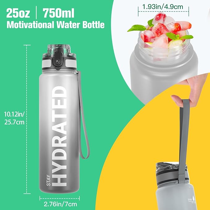 Sahara Sailor Water Bottle, 32/25/17oz Durable and Leakproof Water Bottles Motivational with Time Marker, Tritan, BPA Free, Wide Mouth with Easy Clean Brush for Gym, Travel, School, Office (1 Bottle)