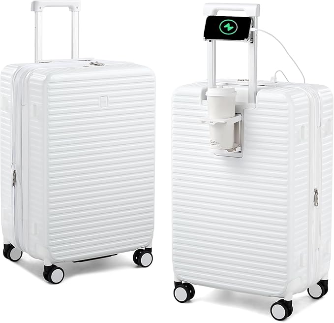 HanTrip Hard Shell Suitcases Travel Expandable Luggage, 24 Inch Check in Luggage with Spinner Wheels Cup Holder Charger Built in, Checked Medium Suitcase Lightweight Suitcases, White
