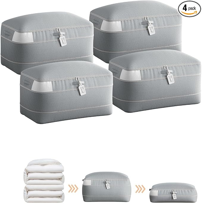 Compression Storage Bags for Comforters - 4 Pack Long Large 100L Compression Bags, 3-Layer Washable Ultra Space Saving Self Comforter Storage Bag for Blankets, Sheets, Clothes, Gray