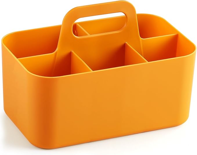 Multiuse Caddy Organizer with Handle, Portable Divided Plastic Tote Bin - Art Craft, Stationary Pen Marker Crayon, Makeup Hair Supplies Storage - Bathroom, Classroom, Dorm, Office, Desk Holder -Orange