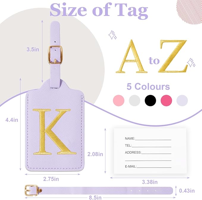 Personalized Initial Luggage Tags for Suitcases,Leather Letter Cute Luggage Tags with Privacy Name Card,Embroidered Monogrammed Travel Bag Backpack Tag Gifts for Women Kids Girls Teens(Purple-K)