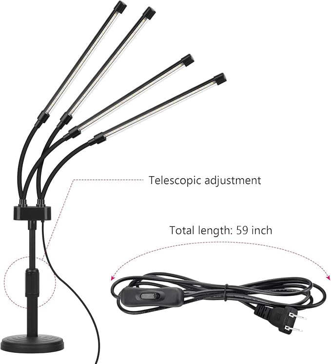 SYEIORAOM Grow Lights for Indoor Plants, Four Head LED Grow Light with Full Spectrum, Red White Spectrum for Indoor Plant Lamp, Adjustable Gooseneck, Suitable for Vegetation