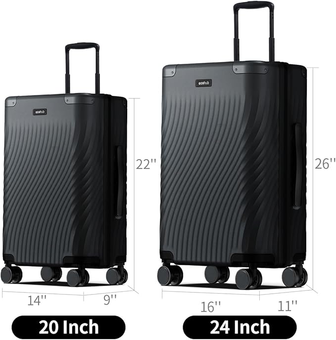 ECOHUB Hardside Expandable Carry On Luggage Sets, Recycled PC 20/24" Rolling Luggage Airline Approved with Spinner Wheels & TSA Lock, Lightweight Hardshell Travel Suitcase, 20+24 inch Carry-on Black