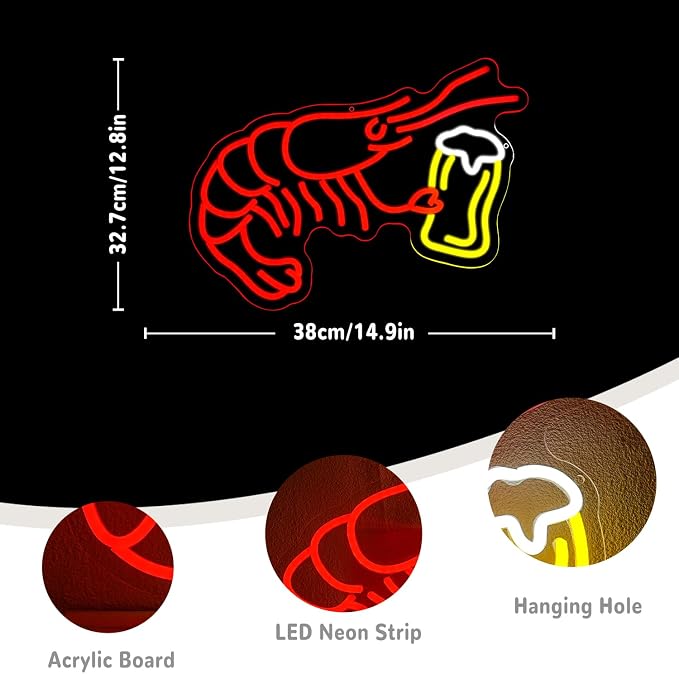 Shrimp Beer Neon Sign for Wall Decor Lobster Neon Light Bar Led Signs Red Shrimp Neon Light Up Sign for Bar Bedroom Shop Kitchen Mall Decoration