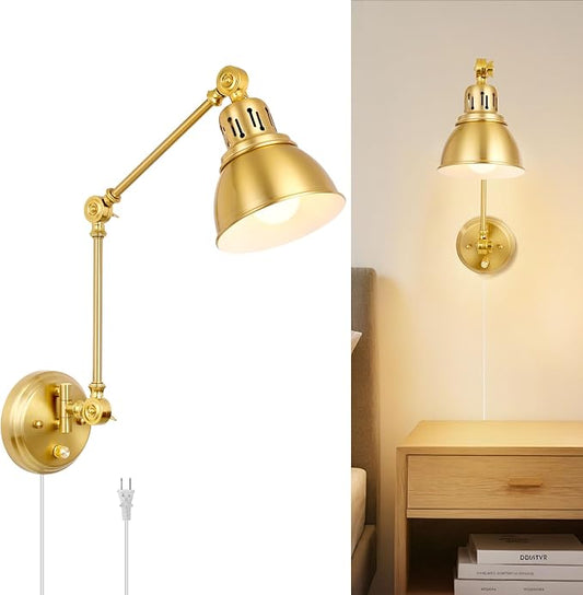 1 Pack Plug in Wall Sconce, Dimmable On Off Switch, Swing Arm Wall Lamp, Gold Metal Industrial, Plug in Wall Light (Gold, Without Bulb+Remote)