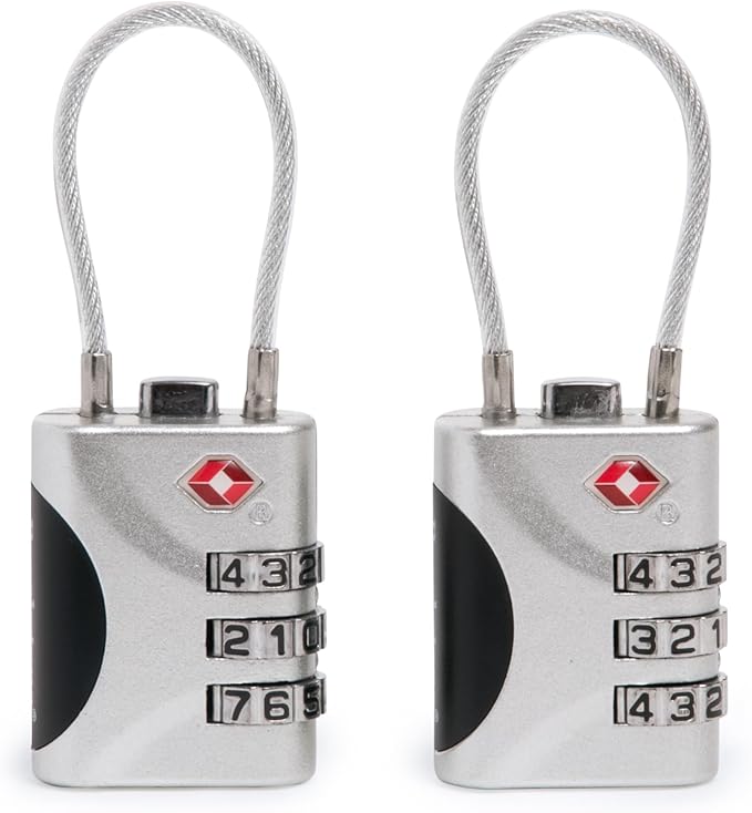 Brookstone Cable Lock - 2 Pack TSA-Approved 3-Digit Keyless Luggage Travel Lock - Resettable Combination Wire Padlock, Silver