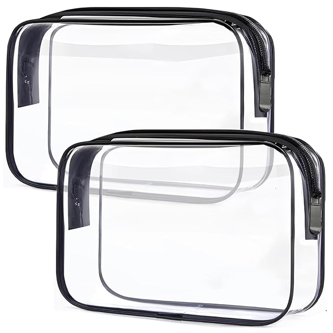 Clear Toiletry Bag, 2 Packs TSA Approved Water resistant Travel Organizer, Airport Airline Travel Essential Carry On Makeup Cosmetic Bags for Women, Black - 2 packs