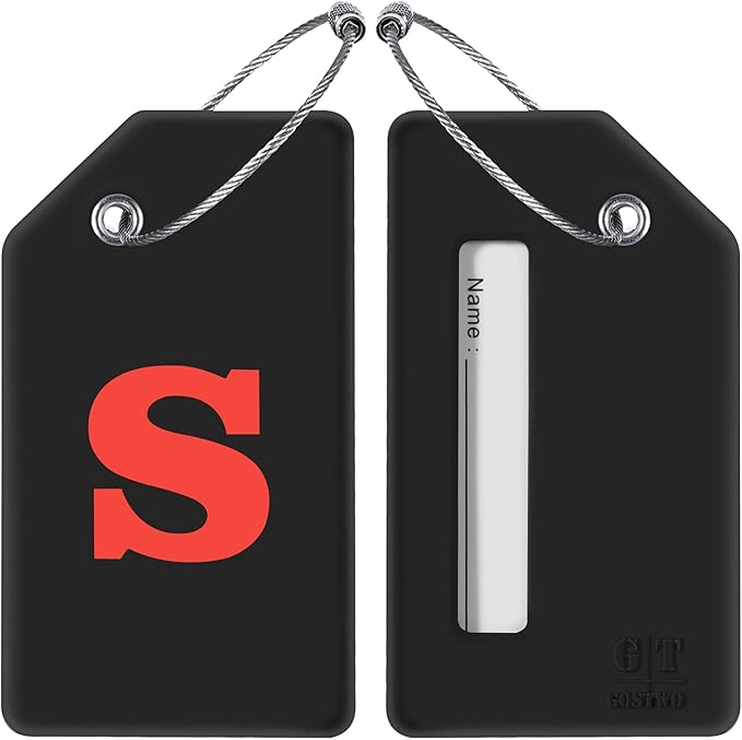 Gostwo 2 Pack Silicone Luggage Tags for Suitcases, 26 Initial Letter Baggage Labels Handbag School Bag Suitcase Instrument Tag with Stainless Steel Loop(Black & White) (Letter S)
