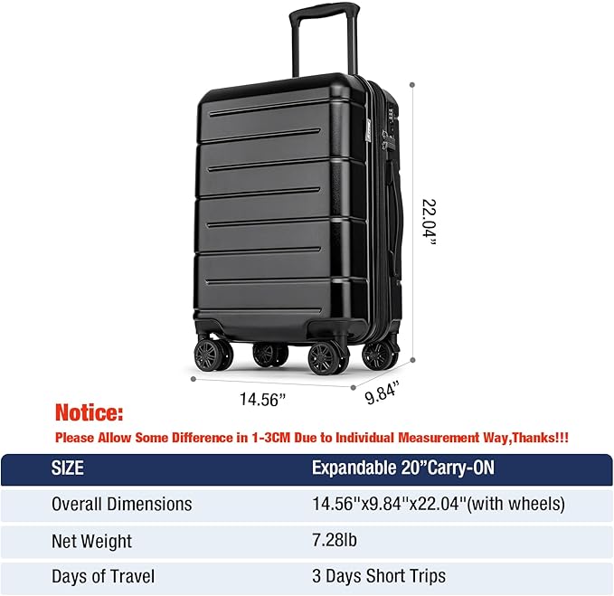 KYME Carry On Luggage 22x14x9 Airline Approved Expandable Hardshell 20 Inch Luggage with TSA Lock Carry-On Suitcase with Wheels Small Travel Rolling Luggage with Cup Holder Black