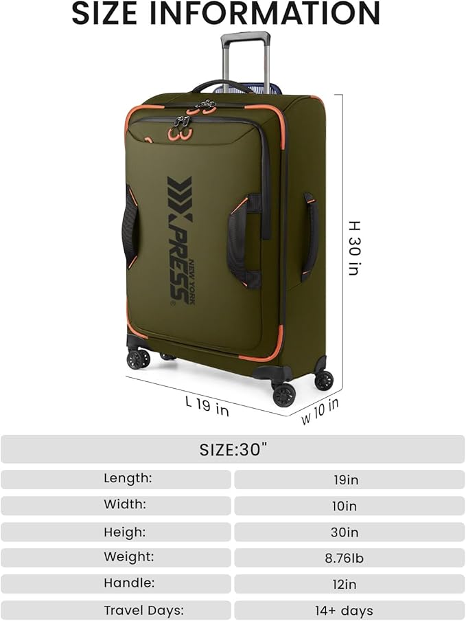 30'' Large Softside Suitcase,Luggage w/Spinner Wheels,Waterproof,Lightweight Travel Suitcase for Men/Women（Green,30in）