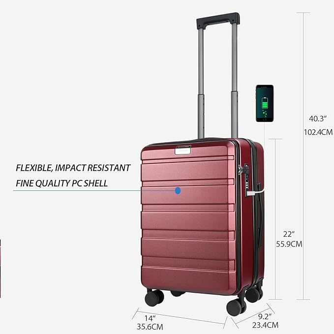KROSER Carry On Luggage with Spinner Wheels & Built-in TSA Lock, Expandable Top Opening Hard Shell Suitcase Large Capacity Durable Rolling Luggage with USB Port, Carry-On 20-Inch, Burgundy