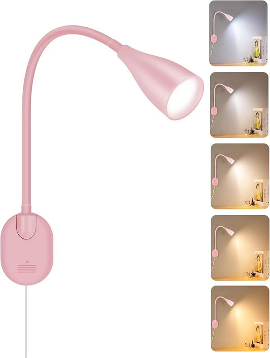 LED Wall Mounted Reading Light, 5 Color Modes 10 Brightness Dimmable Pink | USB Charging Port, Auto Off Timer Adhesive Wall Lamp Night Light for Books in Bed, Flexible Eye-Caring Bedroom Bedside Light