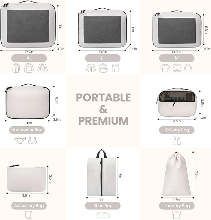 Mesh Packing Cubes for Travel, Durable Luggage Organizer with Sturdy Material and Double Zippers, Comprehensive Set for Travel Accessories Storage, 8 set, cream