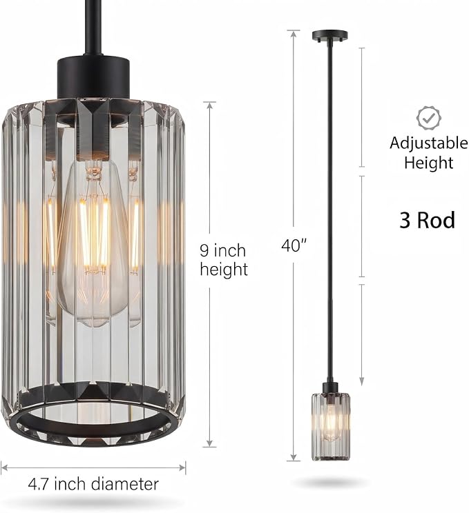 Modern Clear Fluted Glass Pendant Light 2 Pack - Thick Ribbed Glass with Soft Glow, Adjustable E26 Hanging Lamp for Kitchen Island & Dining Room