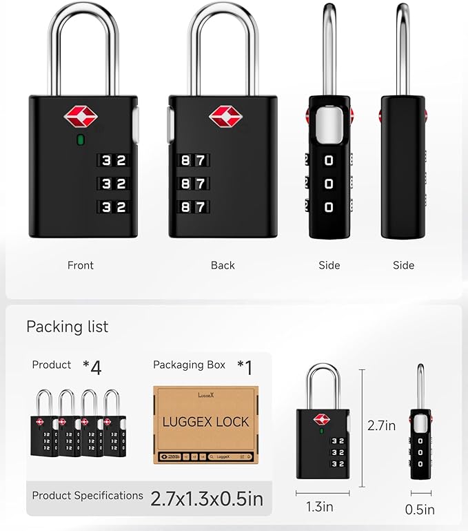 LUGGEX Luggage Locks, TSA Locks for Luggage, Luggage Locks TSA Approved, Combination Lock, One-Button Reset & Cut Resistant (Black,4 Pack)
