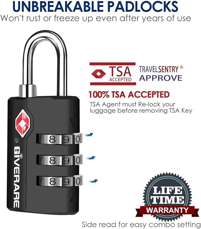 2 Pack TSA Approved Travel Luggage Locks, Suitcase Combination Lock, Keyless 3-Digit Zipper Padlocks, TSA Accepted Compatible Padlock for Gym Locker, Golf Bag Case, Backpack-Black