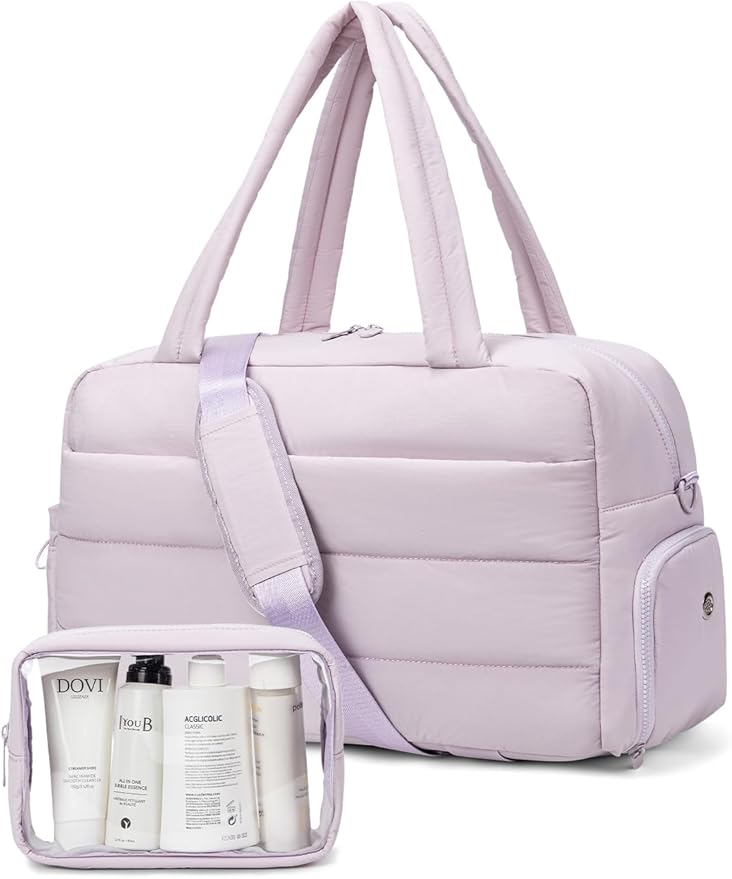 Gitus Carry On Duffle Gym Bag for Women Puffer Weekender Overnight Duffel Bag for Travel with Clear Toiletry Pouch Sport Yoga Fitness Essentials Gifts (Lavender)