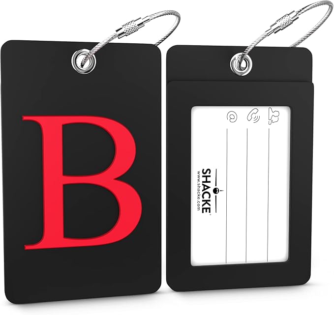 Shacke Luggage Tag Initial - Fully Bendable Tag w/Stainless Steel Loop - Black (Letter B)