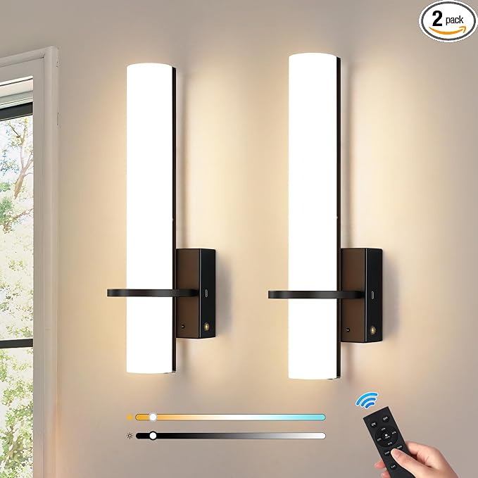 AIJIASI Black Battery Operated Wall Sconces Set of 2, 10000mAh Rechargeable Wireless Wall Sconce with Remote Control, 3000K-6000K Dimmable LED Wall Lights for Living Room Bedroom Hallway 15 Inch