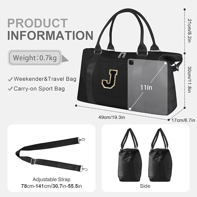 Dance Gym Duffel Bag for Teen Girls, Personalized Initial Travel Weekender Bag,Cute Overnight Carry On Duffle for Women,Sports Travel Cheer Bag,Monogram Christmas Gifts for Tween Preppy(black-J)