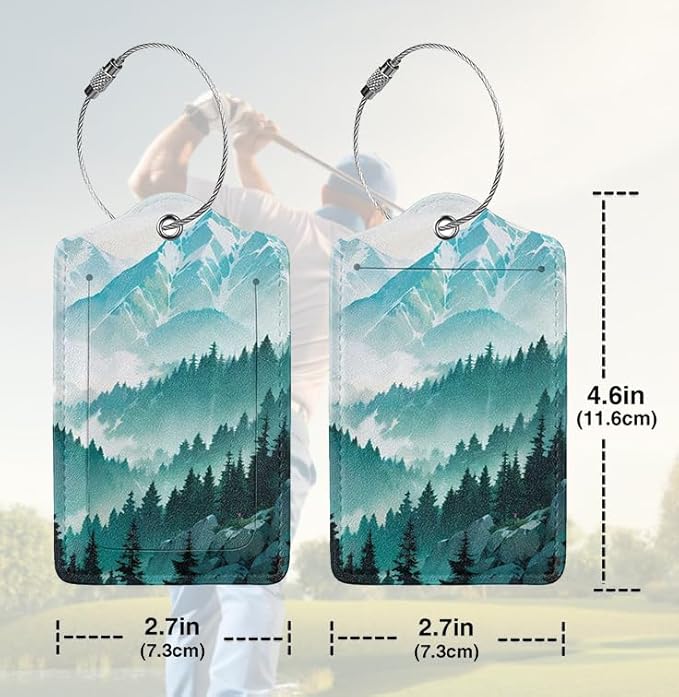 2 Pack Luggage Tags Travel Green Mountains Peaks Spectacular PU Cute Leather Luggage Tag Name ID Labels with Privacy Cover Suitcases Women Men Girls Boys Fun Laggage Tags(Mountain top)