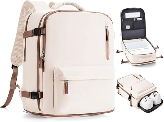 VECAVE Travel Backpack for Women, Airline Flight Approved Carry On Backpacks Waterproof 14 Inch Laptop Backpack with Shoe Compartment Casual Daypack BeigeBrown