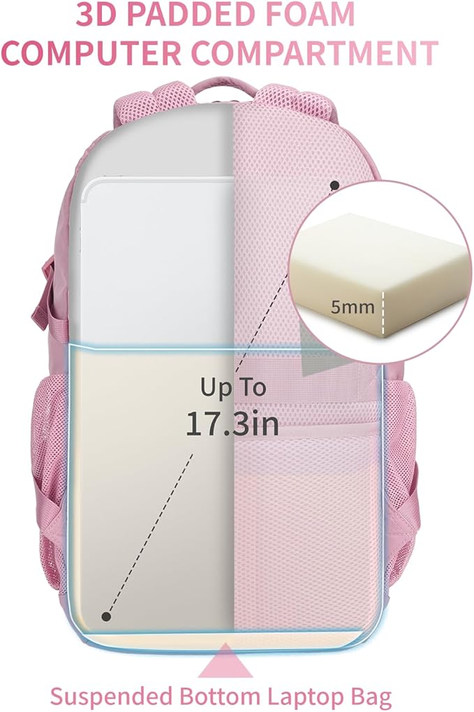 ECOHUB Travel Backpack for Women, 17.3 inch Suspended Laptop Backpack, Fashion Water-Resistant College Computer Bookbag, 28L Personal Item Bag with 12 Pockets for Causal, Work, Pink